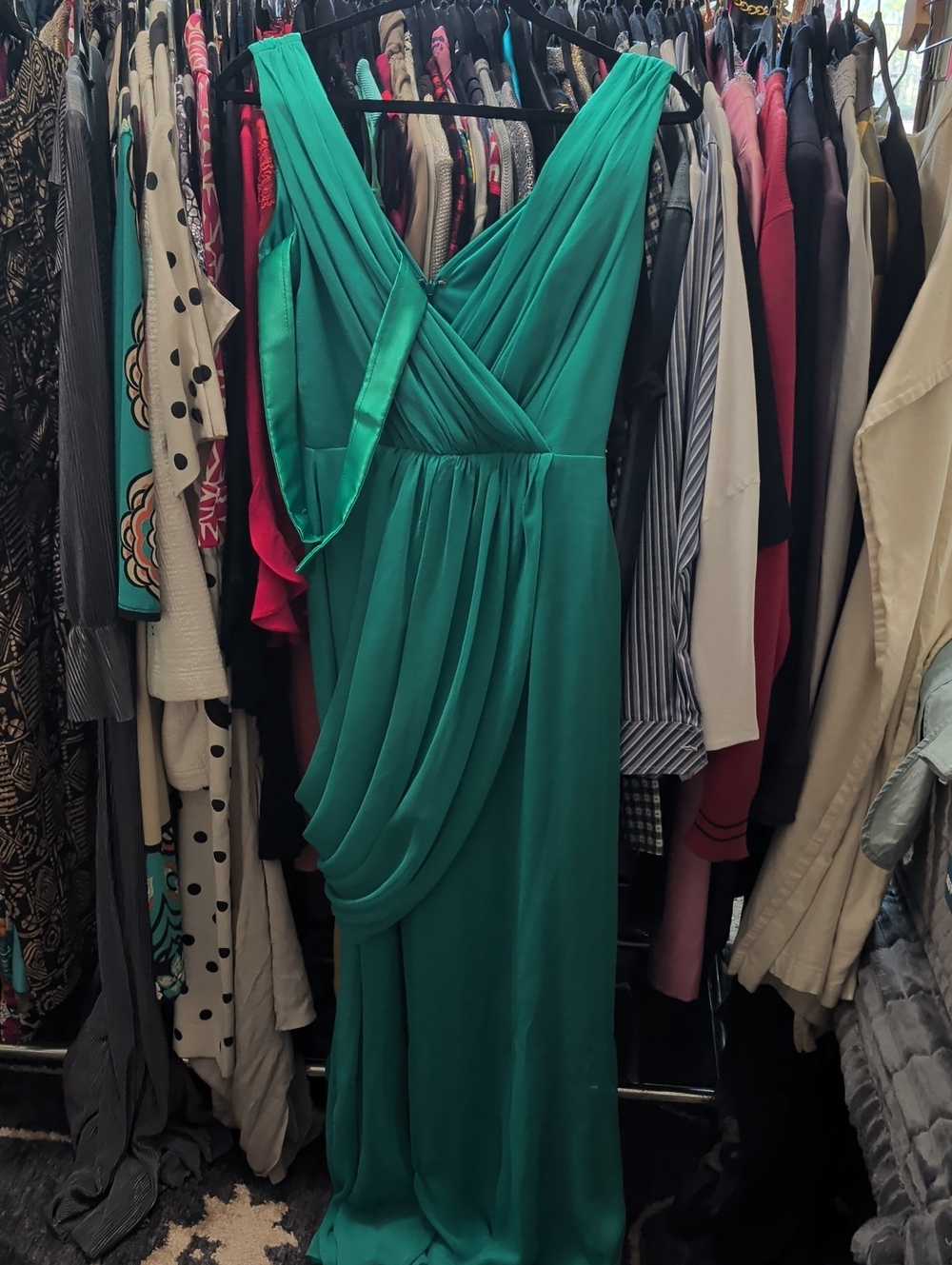 Lela Rose Teal Sleeveless Draped V-Neck Maxi Dress